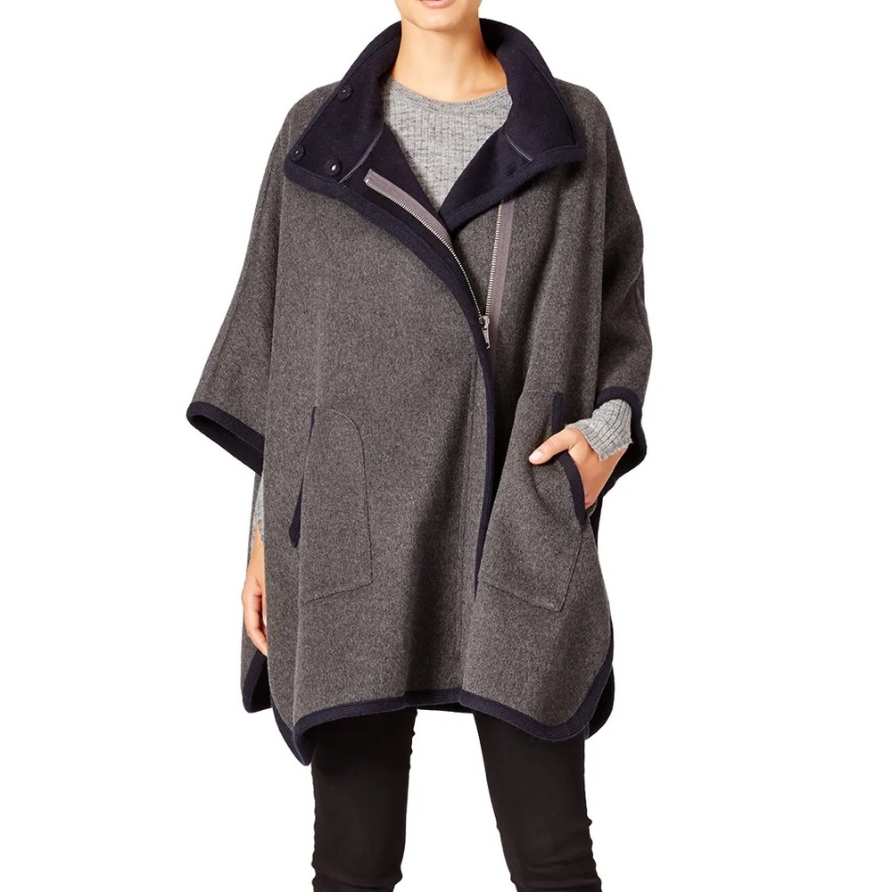 Joie Kenzie Grey Navy Piped Cape Jacket